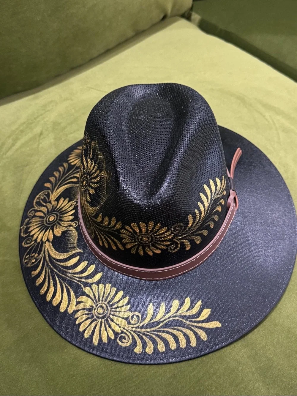 Hand Crafted Black Fedora with Gold Floral Accents and Brown Band - Picture 1 of 5